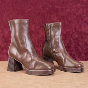 BP Women Vegan Brown Leather Platform Block Heel Ankle Fashion Boots sz 9